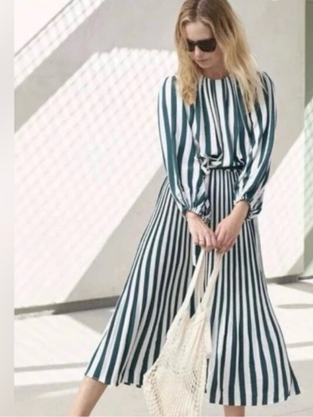 AYR Regatta Stripes  Green and White Vertical-Stripe Long-Sleeve Midi Dress SM